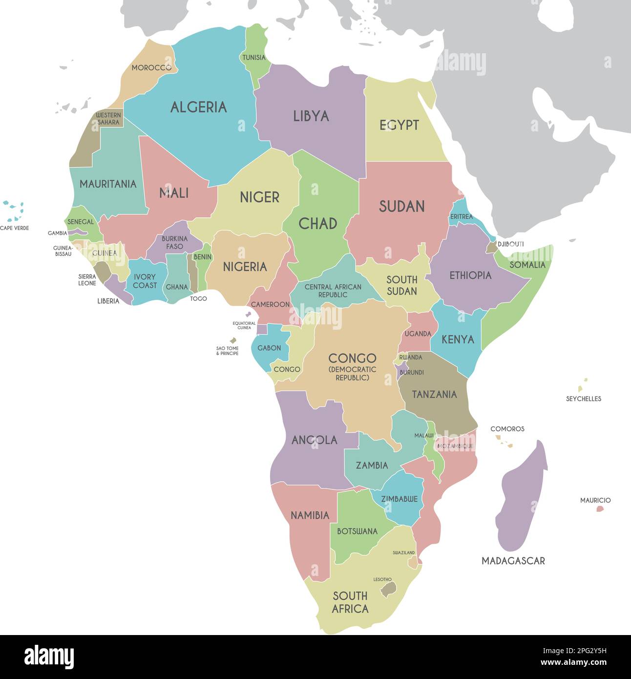 Political Africa Map vector illustration isolated on white background. Editable and clearly labeled layers. Stock Vector