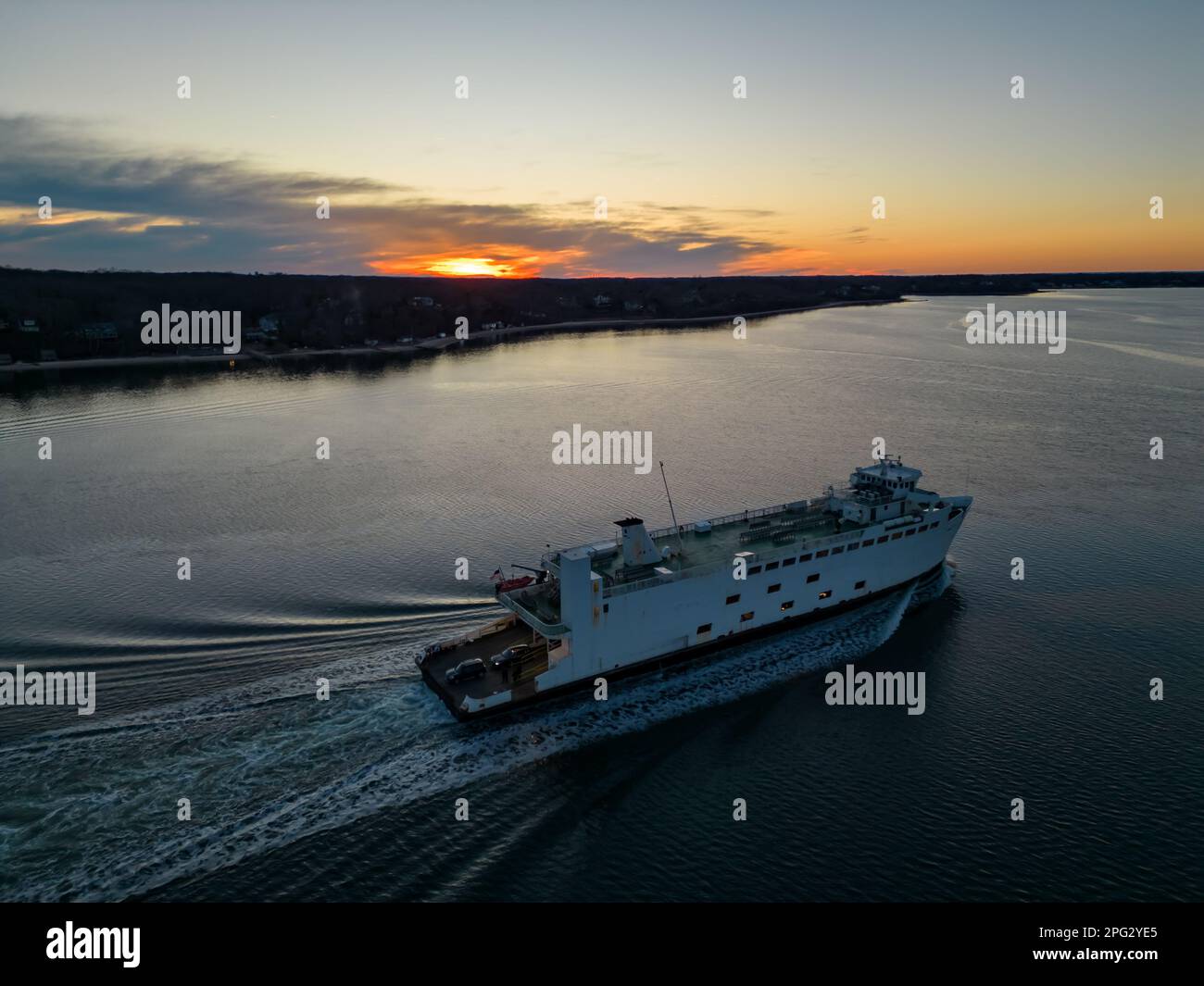 An aerial view of the Bridgeport and Port Jefferson ferry leaving for