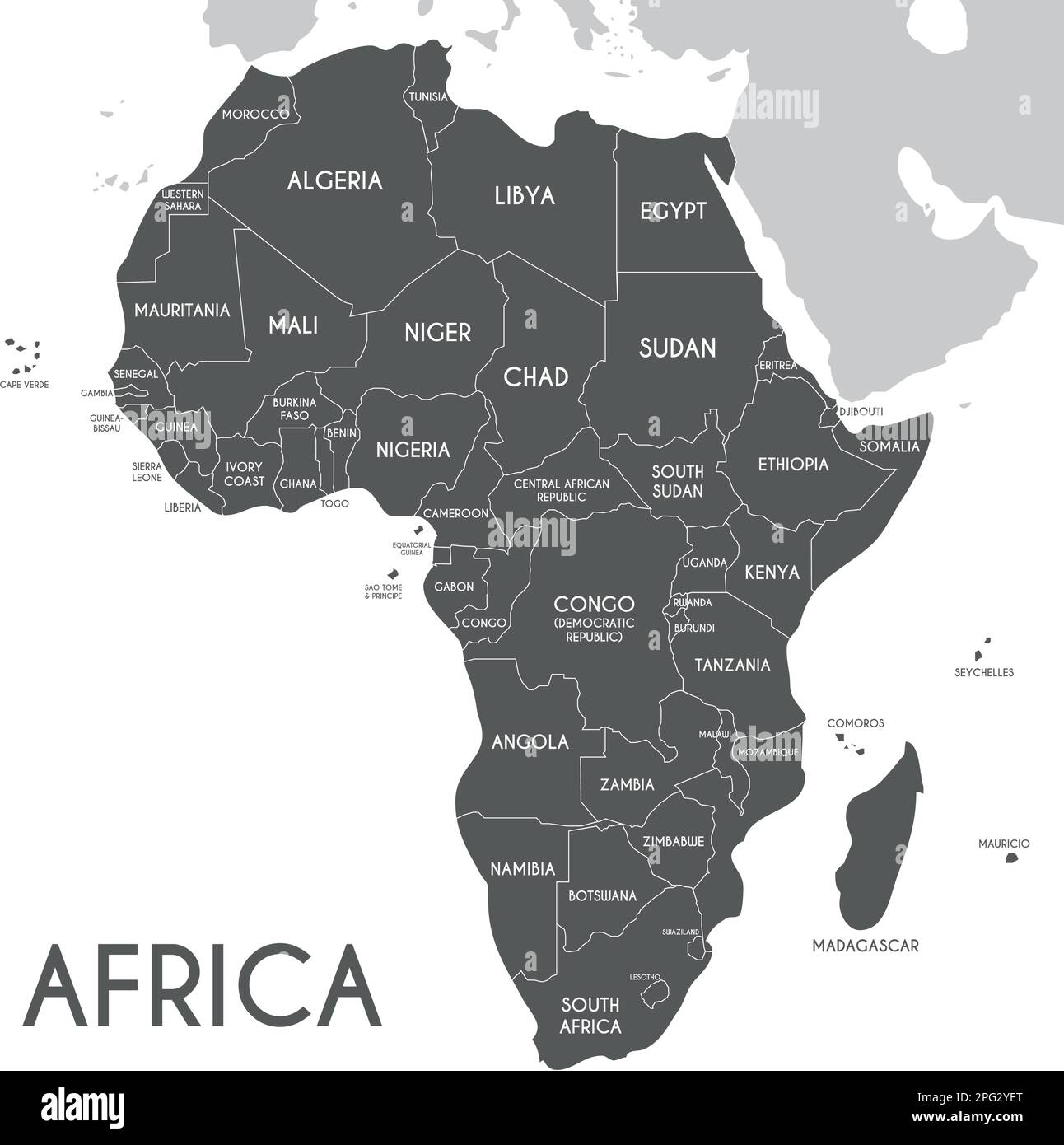 Political Africa Map vector illustration isolated on white background. Editable and clearly labeled layers. Stock Vector