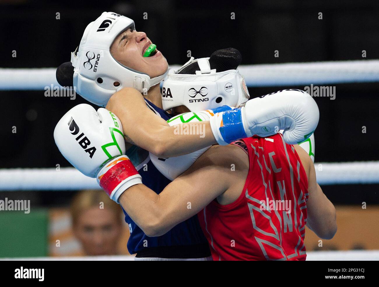 New Delhi, India. 20th Mar, 2023. Maria Gonzalez Caceres of Spain (L) competes with Wu Yu of China during the elite 50-52kg fly round of 16 match of the IBA World Women's Boxing Championships 2023 in New Delhi, India, March 20, 2023. Credit: Javed Dar/Xinhua/Alamy Live News Stock Photo