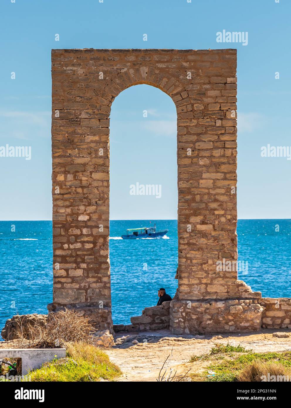 Arc near the Phoenician Cothon and Cemetery on the Coat of Arms of Mahdia, Tunisia. North Africa Stock Photo