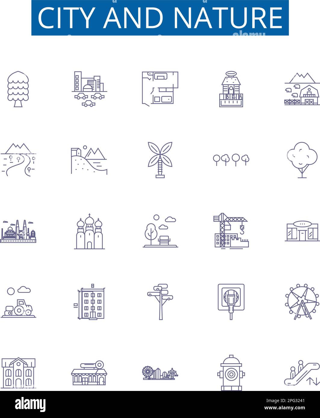 City and nature line icons signs set. Design collection of urban, rural, landscape, backdrop, locale, skyline, architecture, vegetation outline Stock Vector