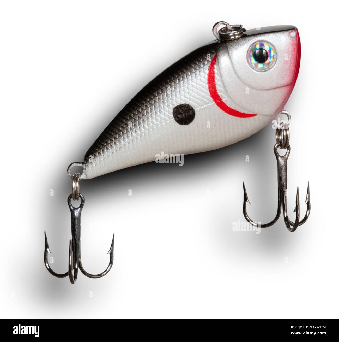 Shadow behind a gray, red and white artificial fishing lure with two treble  hooks pointing toward the surface Stock Photo - Alamy