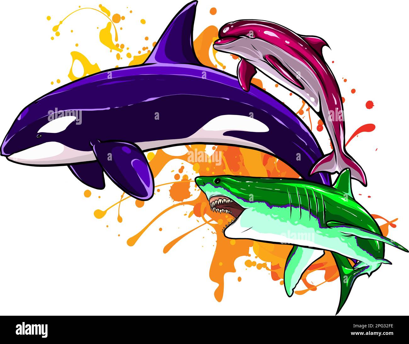 Set of Marine mammals vector illustration. digital hand draw design Stock Vector