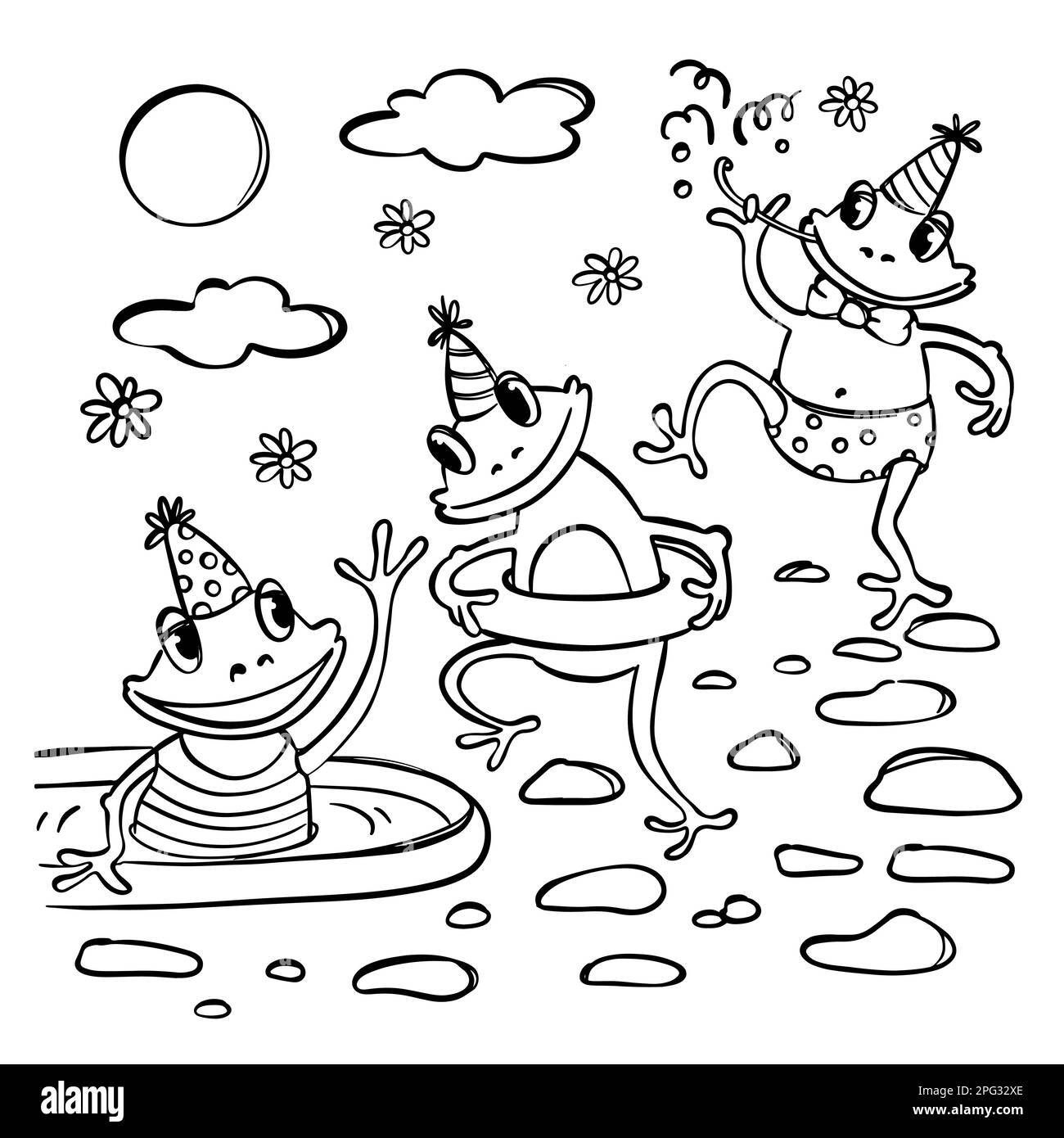 FROG POOL PARTY COLORING BOOK Funny Amphibians In Caps In The Pool With