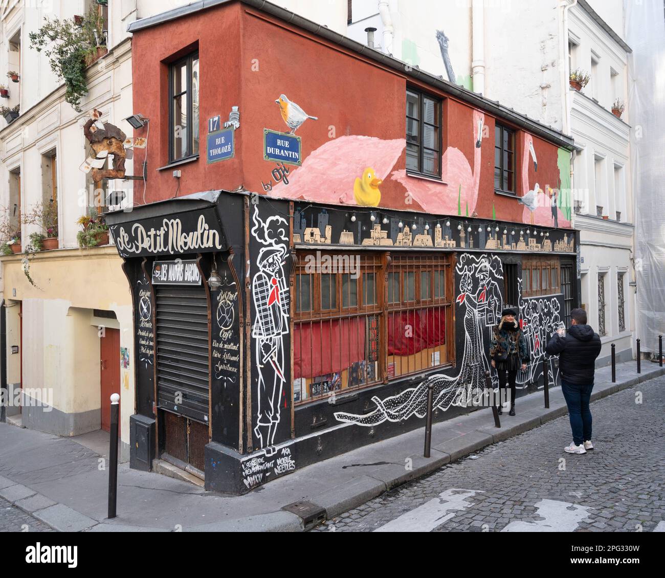 Le Petit Moulin restaurant  in Rue Durantis, Montmartre, Paris Stock Photo