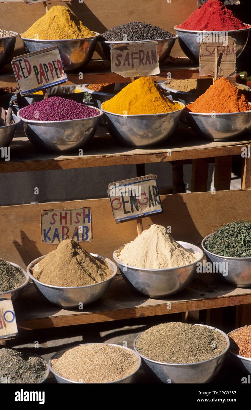 Selection of colourful spices at market stall, Cairo, Egypt Stock Photo ...
