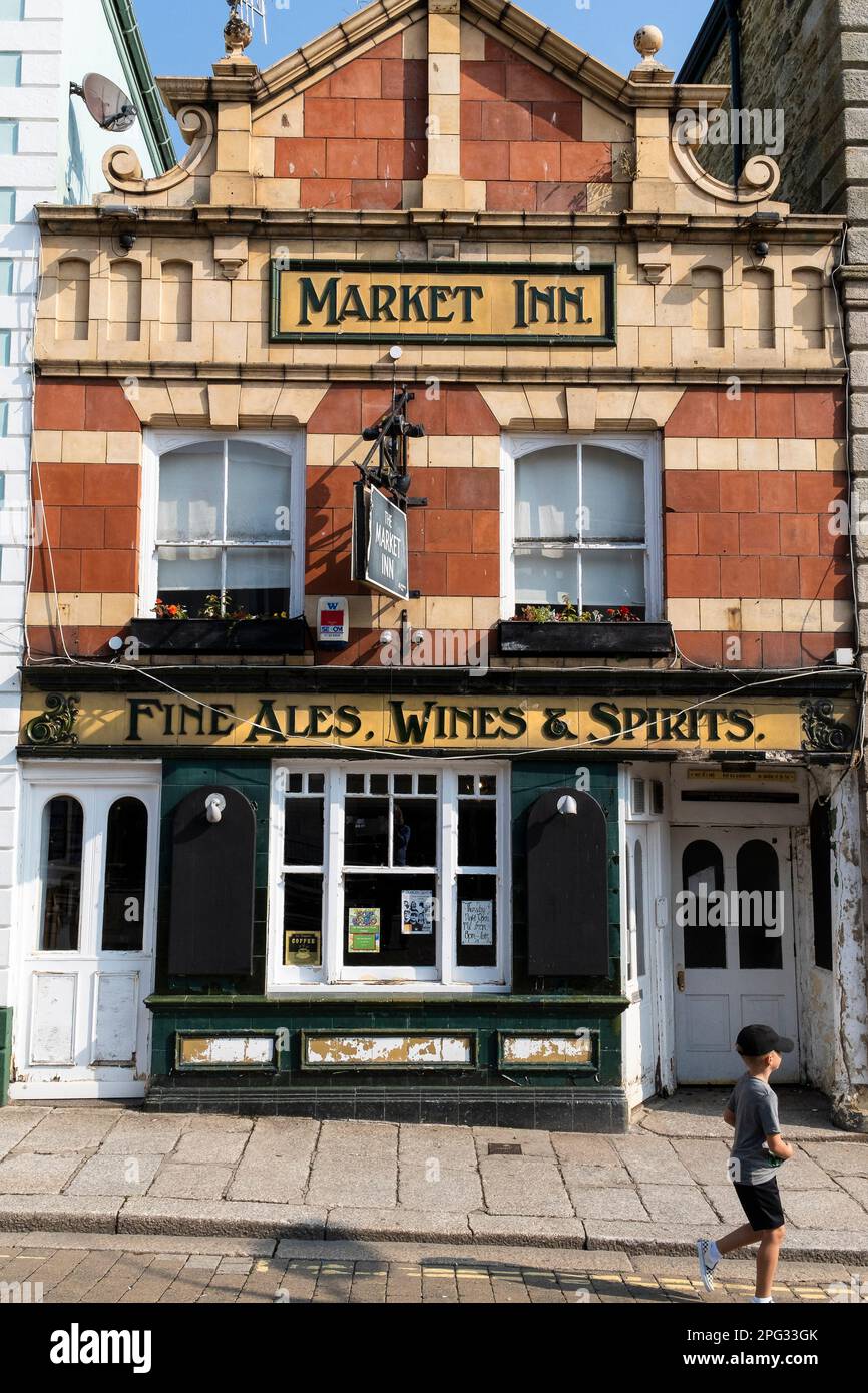 The historic Grade II listed frontage of The Market Inn in Truro City centre in Cornwall in Europe. Stock Photo