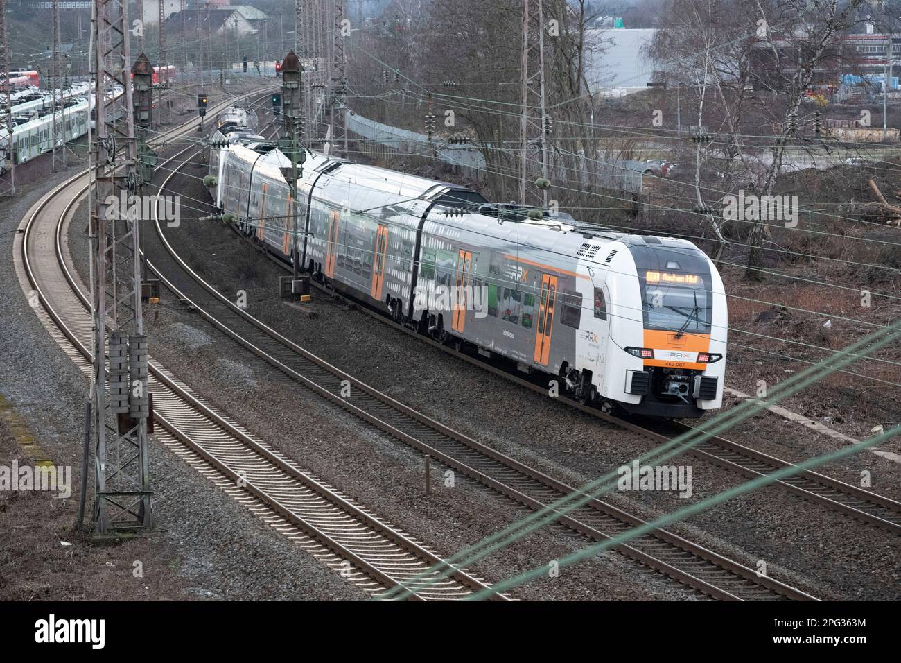 A Rhein Ruhr Express drives out of Essen Central Station, feature, symbolic photo, marginal motif, DB, Die Bahn, Essen Central Station, on 03/19/2023. Stock Photo