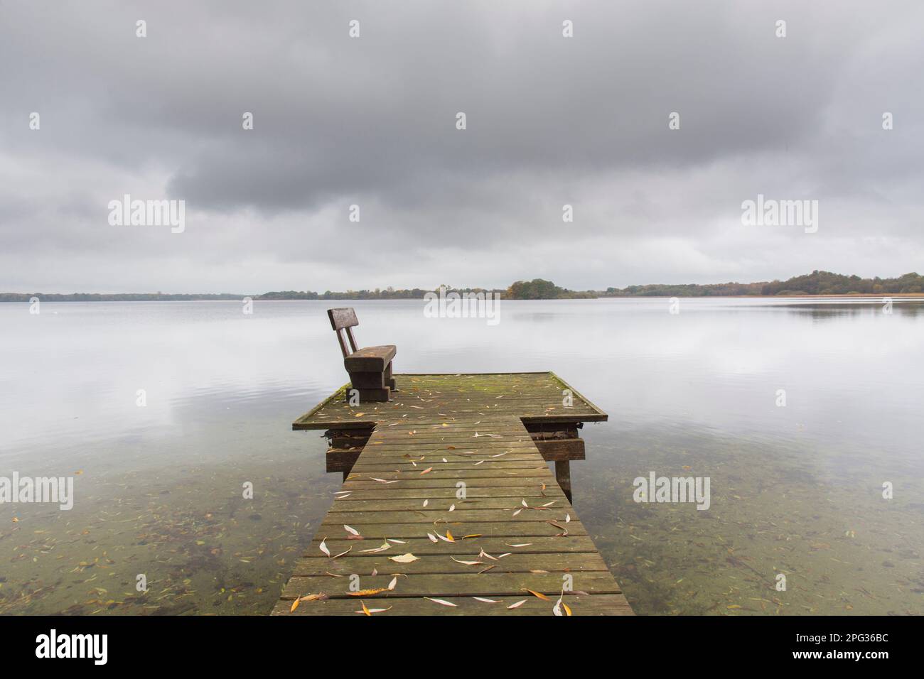 Jetty and bench at Schaalsee lake in autumn. Schleswig-Holstein, Germany Stock Photo