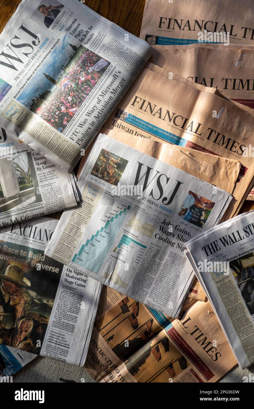 Still life of assorted "Wall Street Journal" and "Financial Times