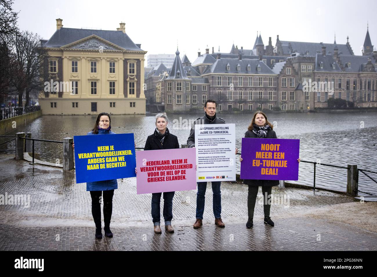 THE HAGUE - Members of Amnesty International, peace organization PAX,  Defense for Children and Boat Refugee Foundation hold a protest at the  Hofvijver, about human rights violations in Greek refugee camps. The
