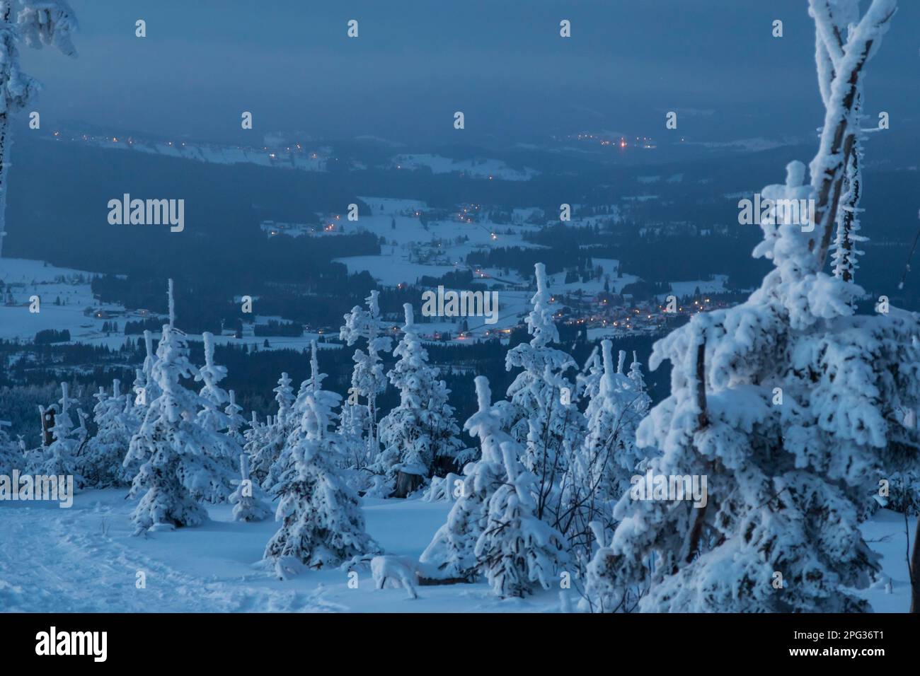 Landscape in winter on the Dreisesselberg at night in winter. Bavarian Forest, Bavaria, Germany Stock Photo