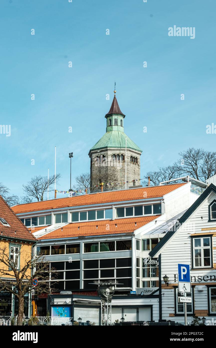 Stavanger, Norway, March 10 2023, Old And New Architecture Downtown StavangerThe Tower Gallery Shopping Mall And The Historical Valberet Tower Stock Photo