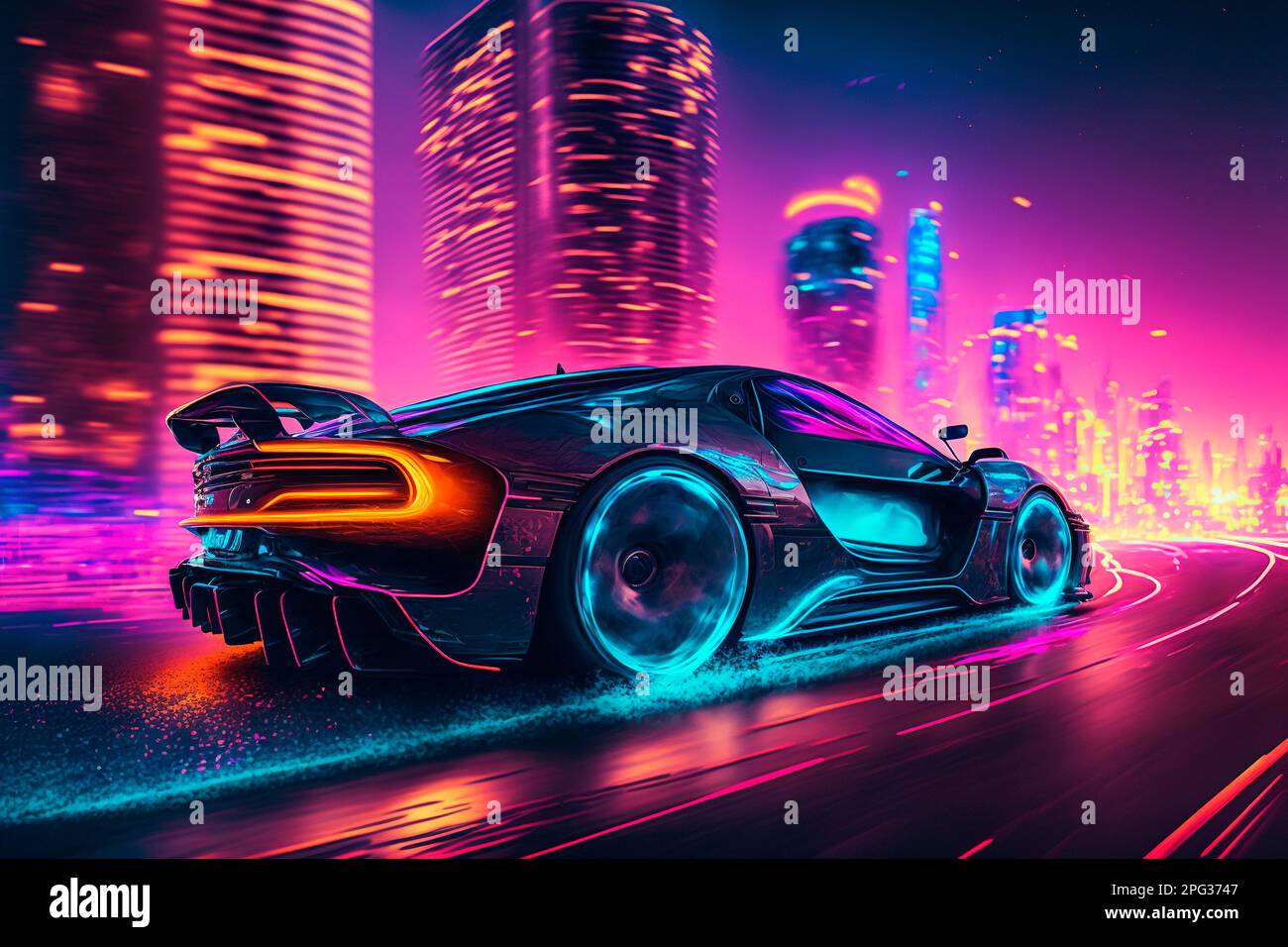 Futuristic sports car drifting in the neon street Stock Photo - Alamy