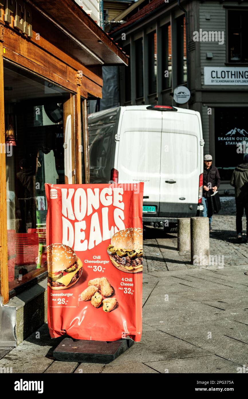 Stavanger, Norway, March 10 2023, Downtown Stavanger Burger King Fast Food Restaurant Advertising Meal Deals Outside The Shope Front With A Parked Whi Stock Photo