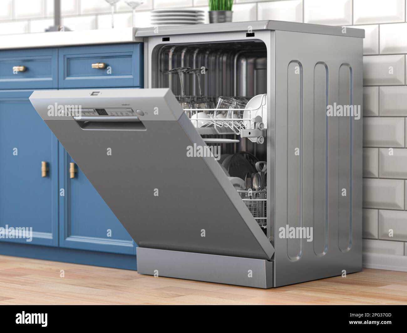 Open empty dishwasher in kitchen. 3d illustration Stock Photo