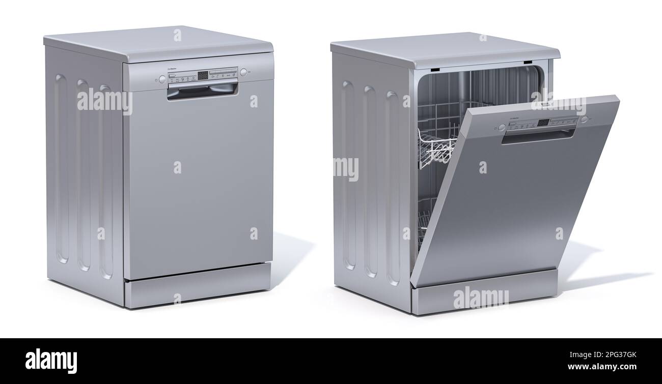 Dishwasher open and closed isolated on white background. 3d