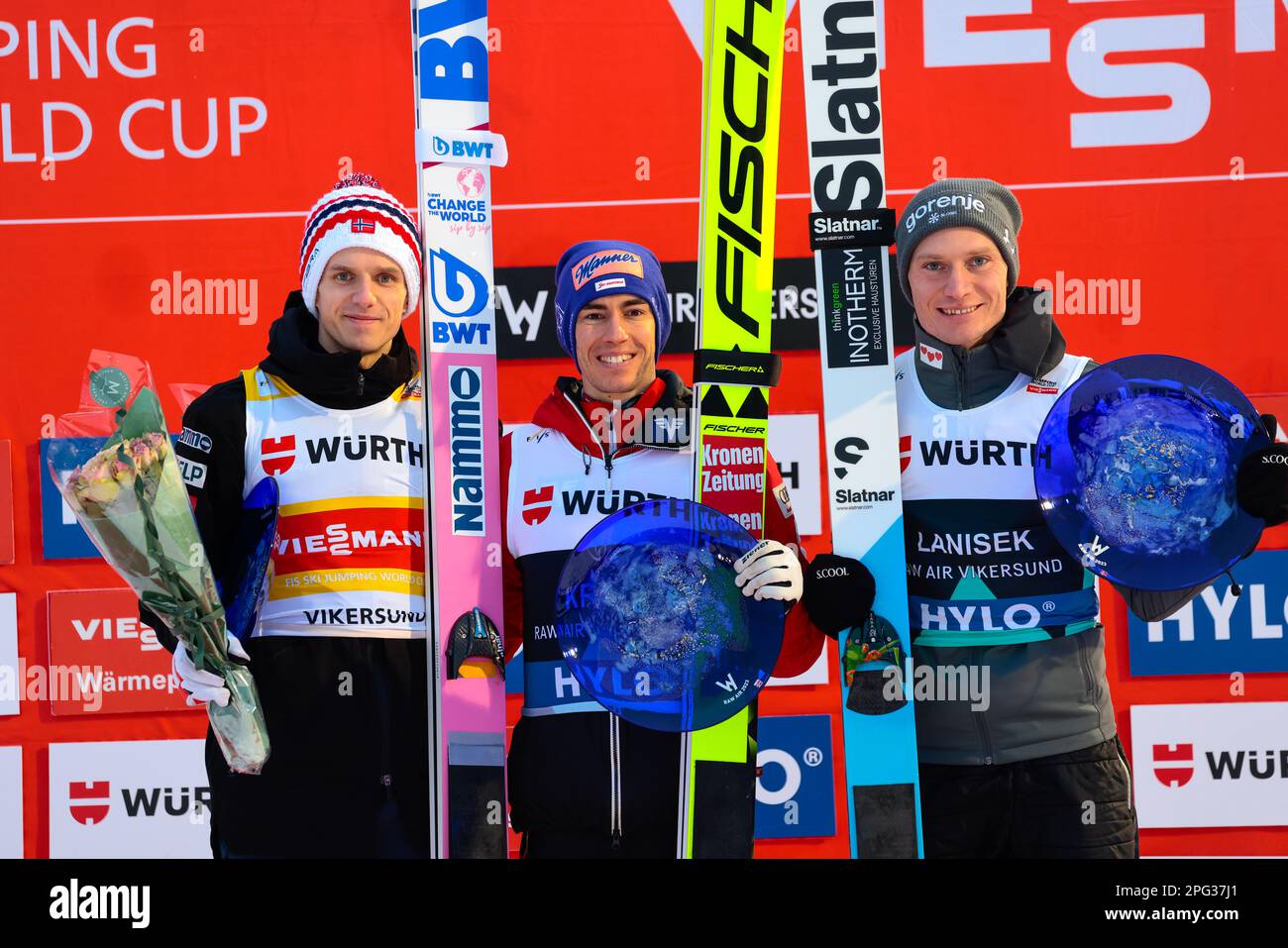 Vikersund 20230319.The podium from left: Halvor Egner Granerud from Norway 2nd place, Stefan Kraft from Austria 1st place and Anze Lanisek from Slovakia 3rd place after the men's ski flying race in Vikersund on Sunday during the Raw Air tournament which is part of the world cup in jumping. Photo: Geir Olsen / NTB Stock Photo