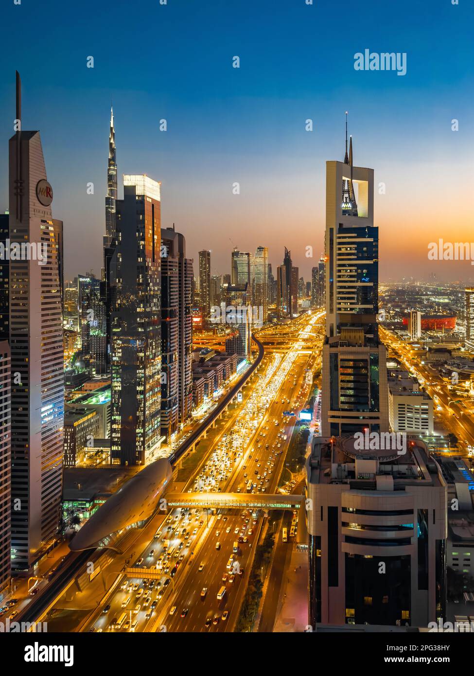 View of Sheikh Zayed Road at sunset in Dubai Downtown Financial center