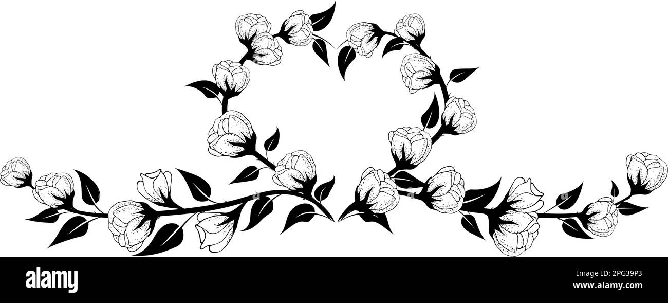 Floral background, floral arrangement in the shape of a heart, floral background with delicate flowers and branches of buds. Hand drawing. Stock Vector