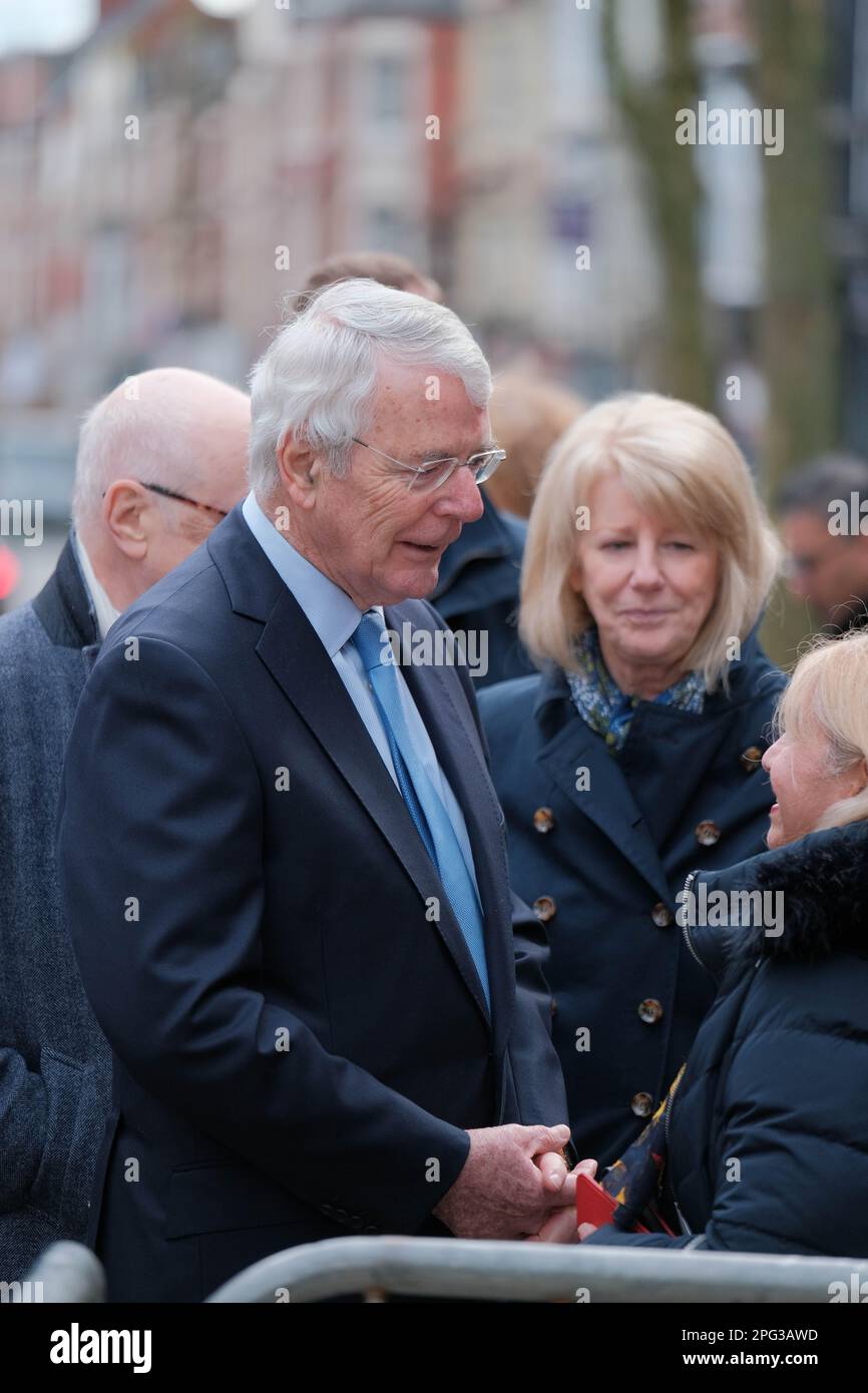 Warrington, Cheshire, UK. 20th Mar 2023. Sir John Major, Families and Dignitries gather to remember the Warrington Bombing, 30 years to the day. Jonathan Ball (3) and Tim Parry (12) died and 54 others were injured. Credit: Mark Lear / Alamy Live News Stock Photo