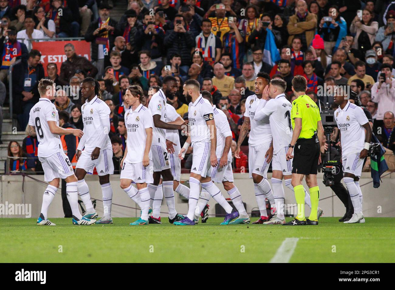 Players of Real Madrid celebrate a own goal of Ronald Araujo of FC Barcelona during the Spanish championship La Liga football match between FC Barcelona and Real Madrid on March 19, 2023 at Camp Nou stadium in Barcelona, Spain - Photo: Irina R Hipolito/DPPI/LiveMedia Stock Photo