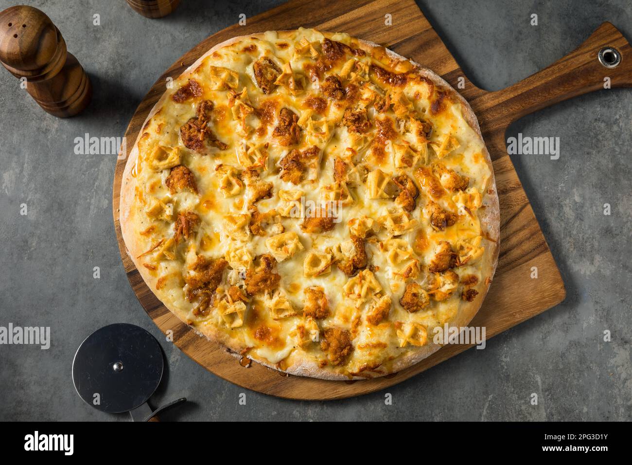 Gourmet Chicken and Waffle Pizza with Syrup and Cheese Stock Photo Alamy