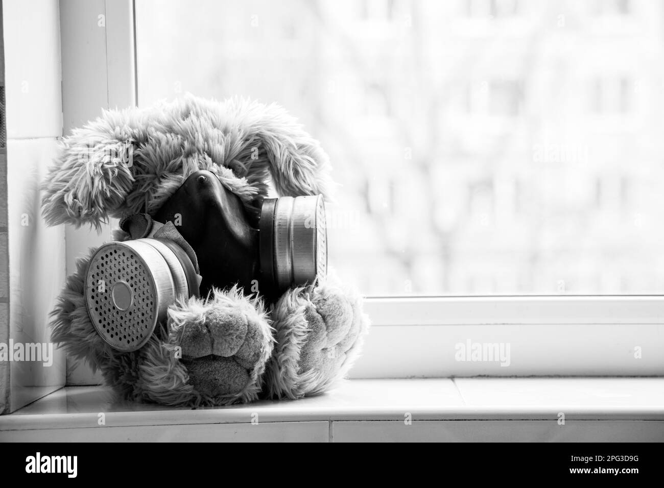 Soft baby bunny in a gas mask sits on the window in the house, gas attack Stock Photo