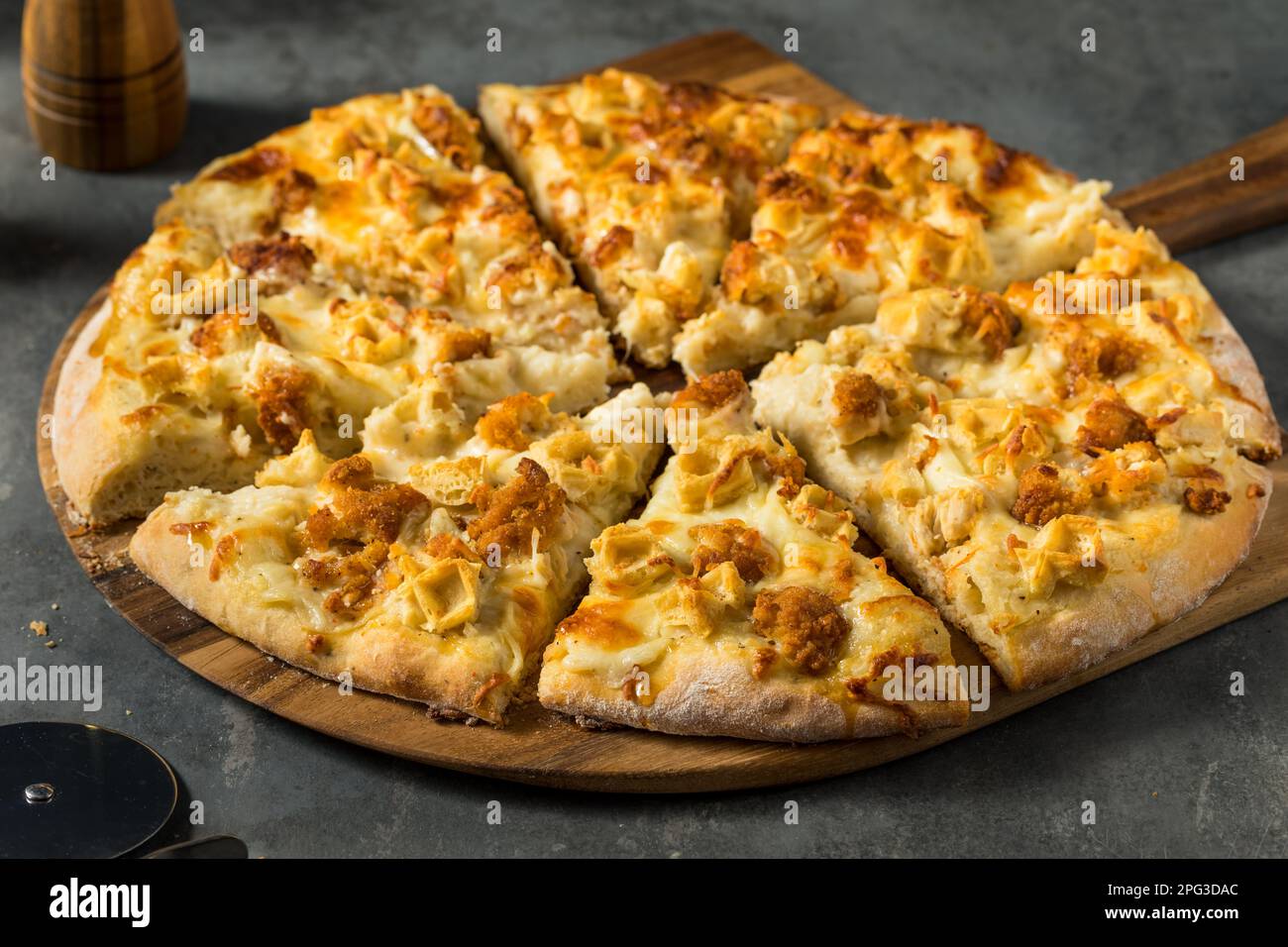 Gourmet Chicken and Waffle Pizza with Syrup and Cheese Stock Photo Alamy