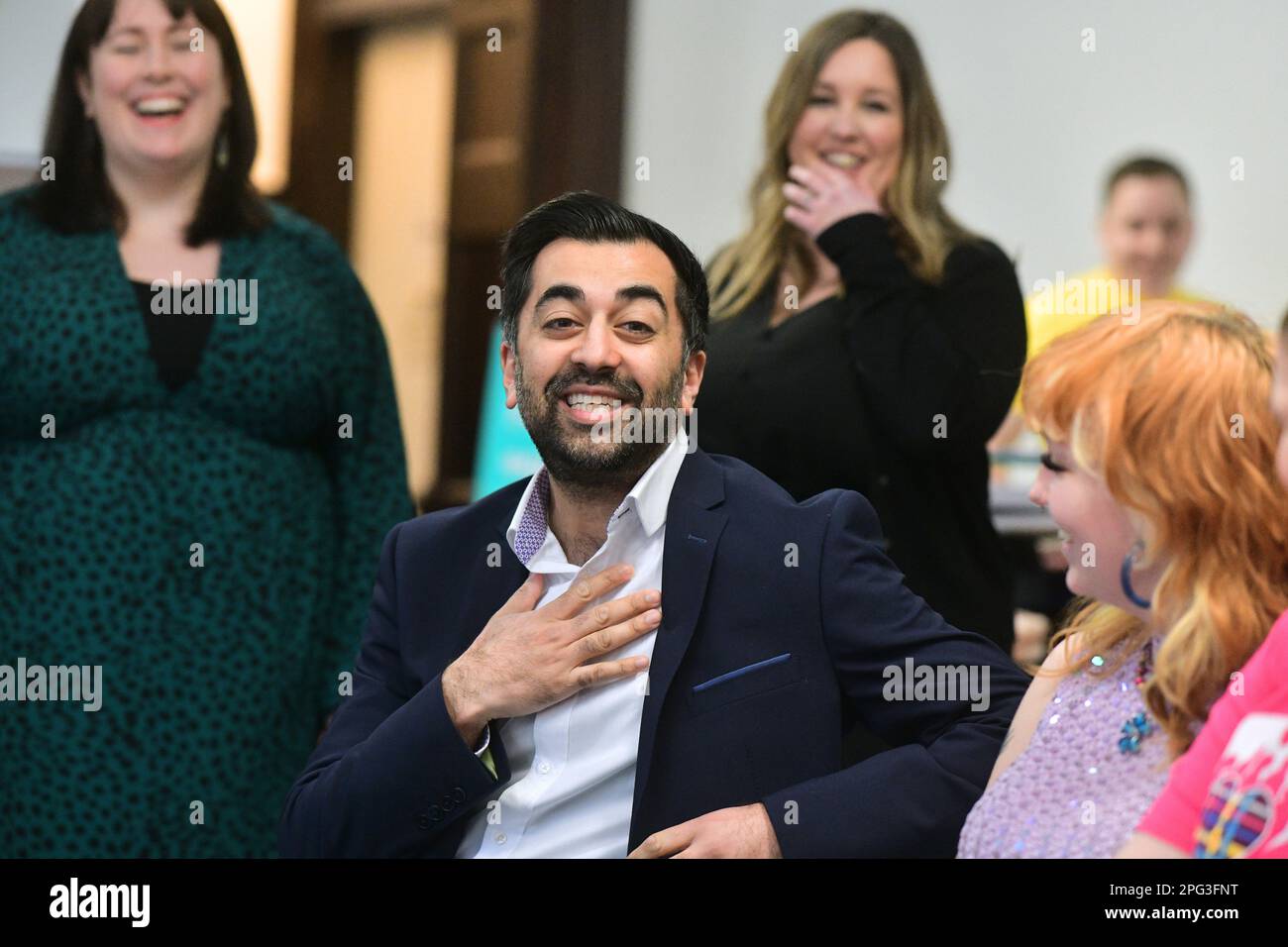 Glasgow Scotland, UK 20 March 2023. Humza Yousaf during his campaign to become leader of the SNP meets with Who Cares Scotland a voluntary organisation that provides advocacy to help young people. credit sst/alamy live news Stock Photo