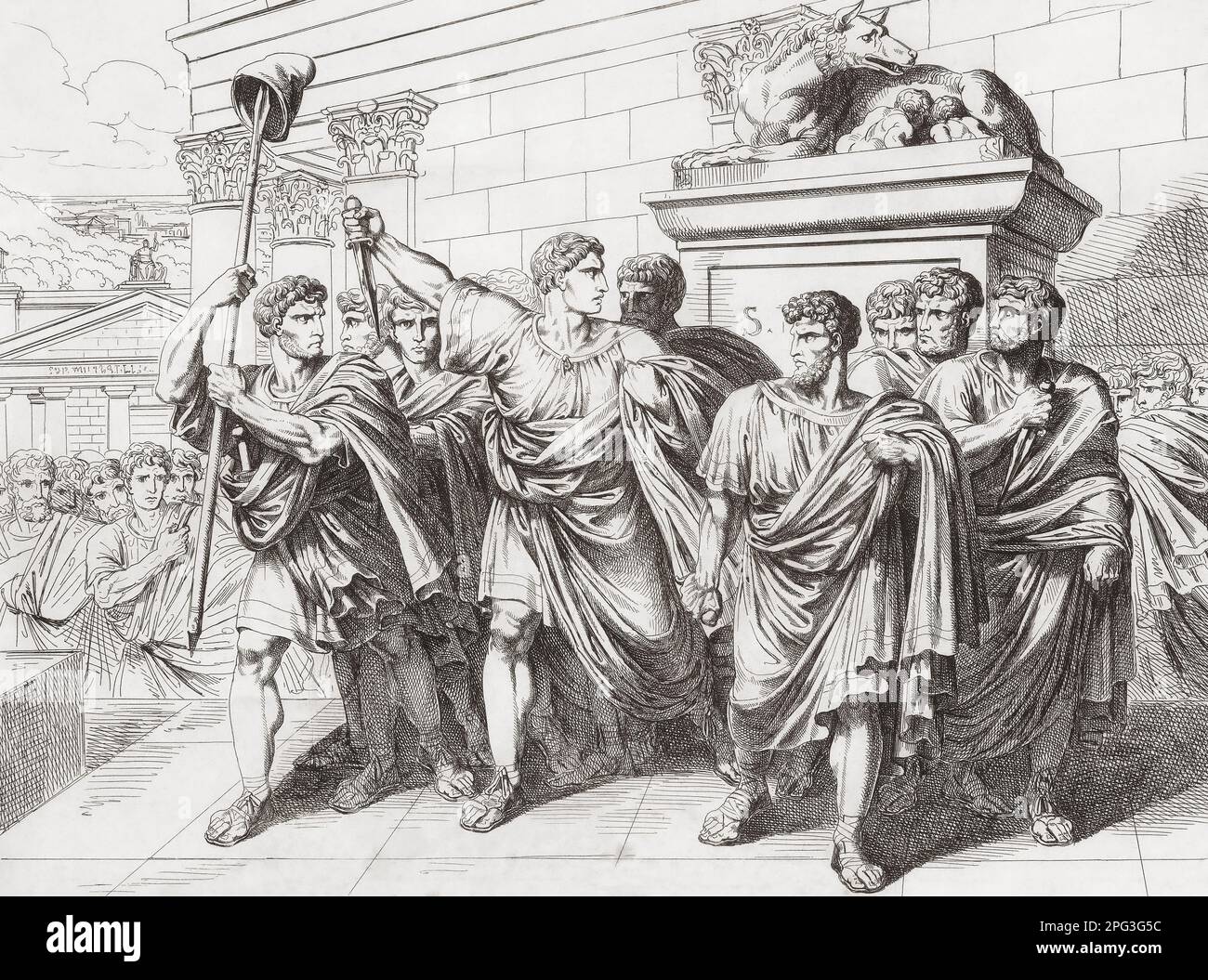 Marcus Junius Brutus and fellow conspirators after assassinating Julius Caesar on March 15, 44 BC.  After a 19th century work by Bartolomeo Pinelli. Stock Photo