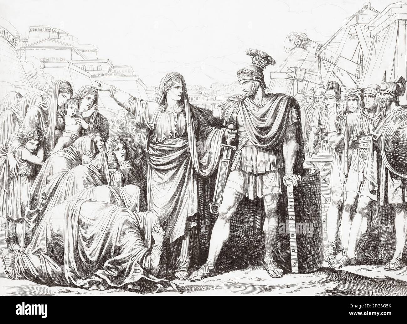 Veturia, mother of Roman general Gnaeus (or Gaius) Marcius Coriolanus begs her son to cease his attack against Rome. Amongst the others present are his wife Volumnia and two sons.  The historicity of Coriolanus is disputed.  After a 19th century work by Bartolomeo Pinelli. Stock Photo