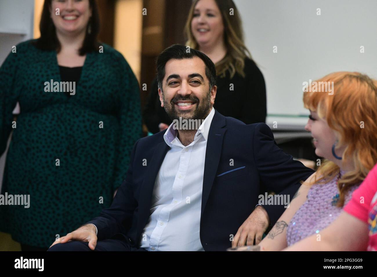 Glasgow Scotland, UK 20 March 2023. Humza Yousaf during his campaign to become leader of the SNP meets with Who Cares Scotland a voluntary organisation that provides advocacy to help young people. credit sst/alamy live news Stock Photo