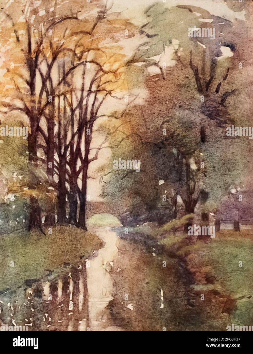 Jordan from Sheep's Bridge in the Playing-Fields Looking towards Fifteen Arch Bridge and the Slough Road. Watercolour by Edith Danvers Brinton, from the book ' Eton ' By Christopher Reynolds Stone,  Published in London by A. & C. Black in 1909. Eton College is a public school in Eton, Berkshire, England. It was founded in 1440 by Henry VI under the name Kynge's College of Our Ladye of Eton besyde Windesore Stock Photo
