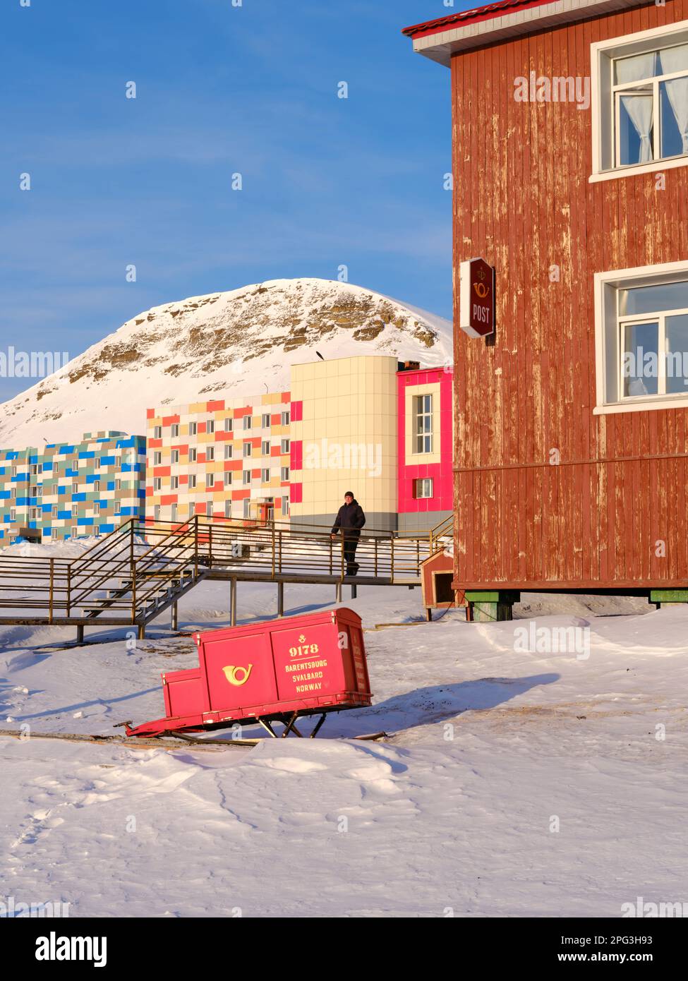 Mail sled in front of the post office. Russian coal mining town