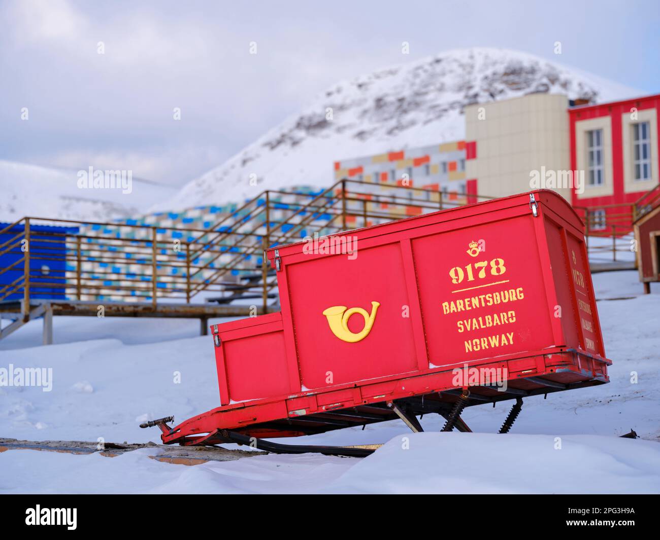 Mail sled in front of the post office. Russian coal mining town