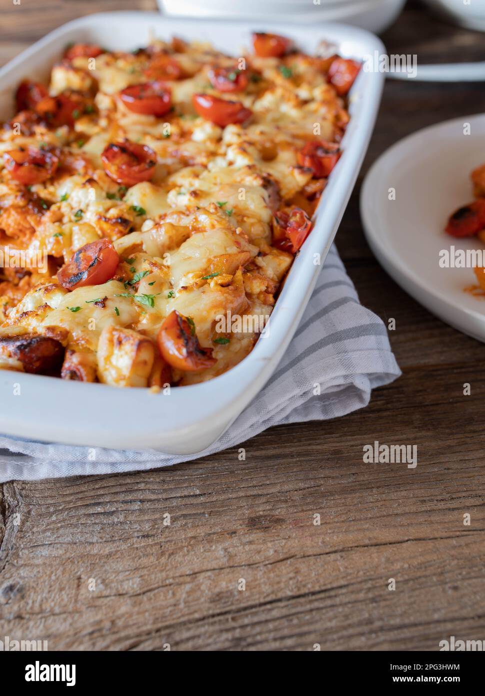 Noodle casserole with salmon, creamy tomato sauce, herbs, and cheese topping Stock Photo Alamy