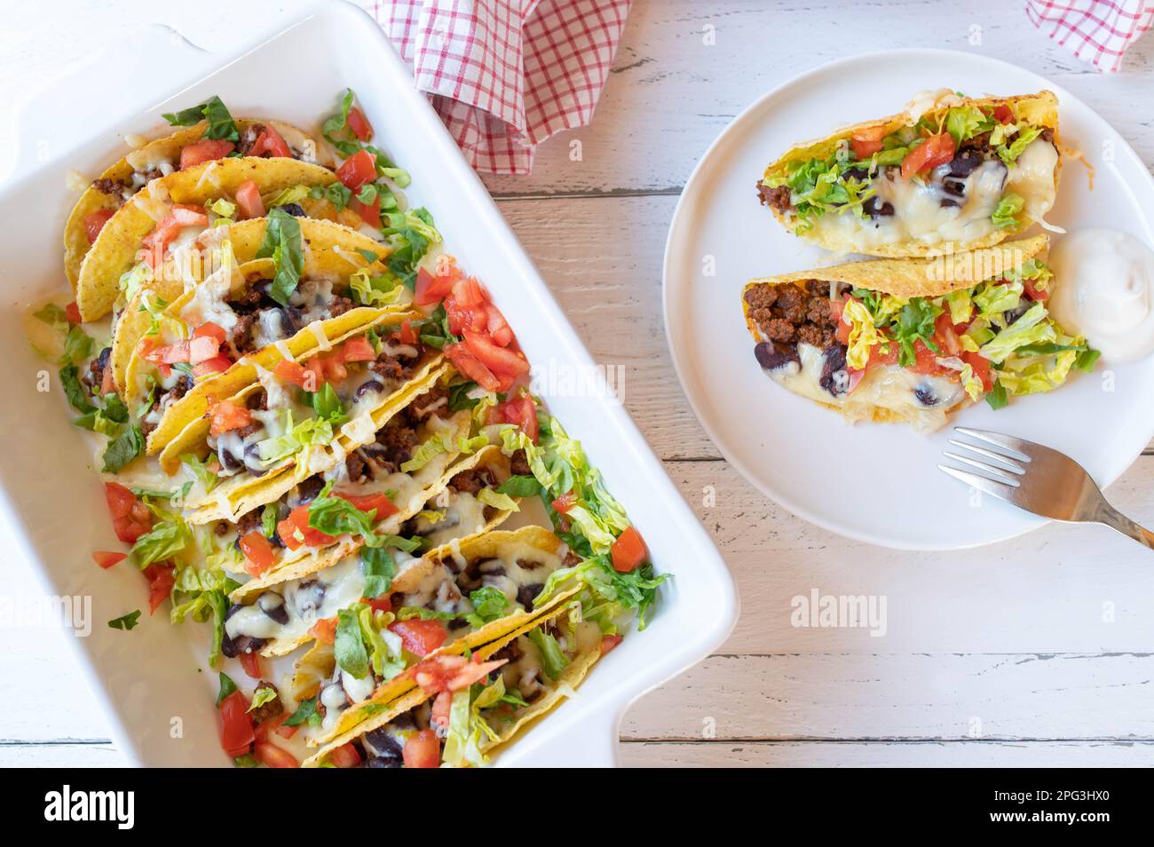 Taco casserole with ground beef, kidney beans, cheese, tomtoes and