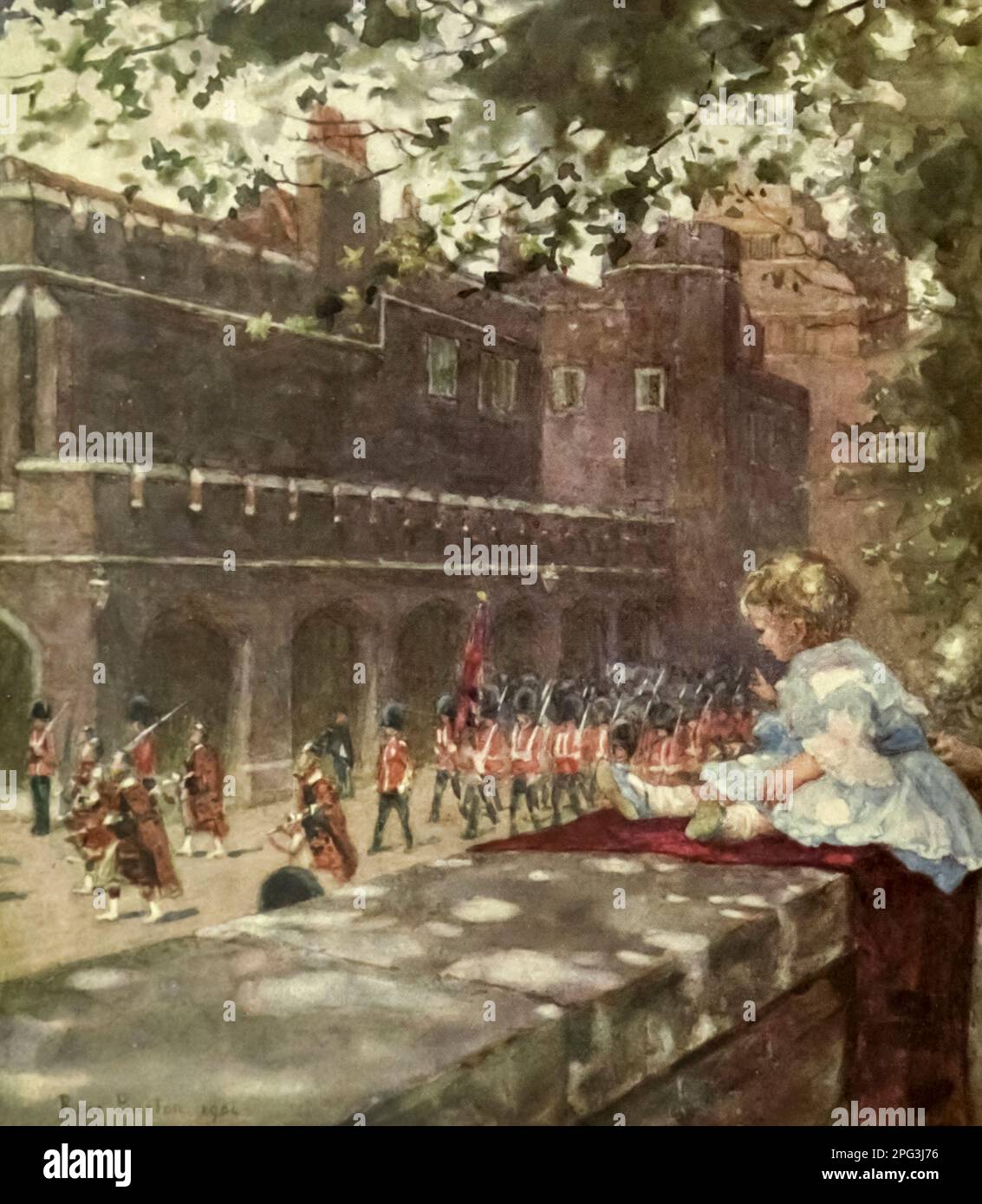 H.R.H. Prince George of Wales watching the Scots Guards from Marlborough House Frontispiece watercolour painted by Rose Barton from the book ' Familiar London ' Published 1904 by A. and C. Black in London Stock Photo