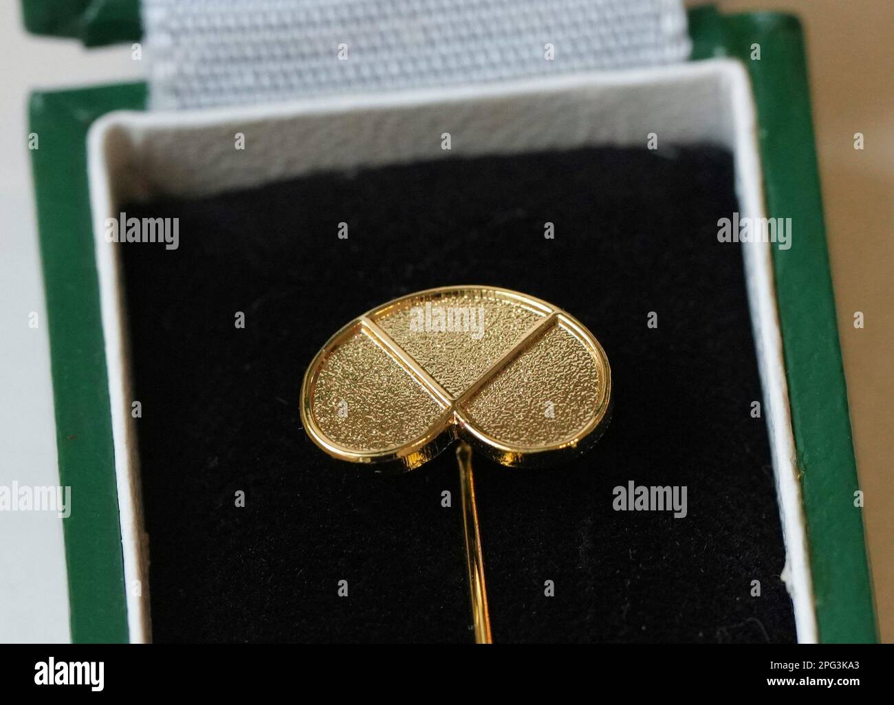Potsdam, Germany. 20th Mar, 2023. The 'Golden Pretzel' pin lies in a case before being presented to Brandenburg's Minister President Woidke. The 'Golden Pretzel' is the seal of quality of the bakery and confectionery trade. Woidke received the award for his political services to the craft sector in Brandenburg. Credit: Soeren Stache/dpa/Alamy Live News Stock Photo