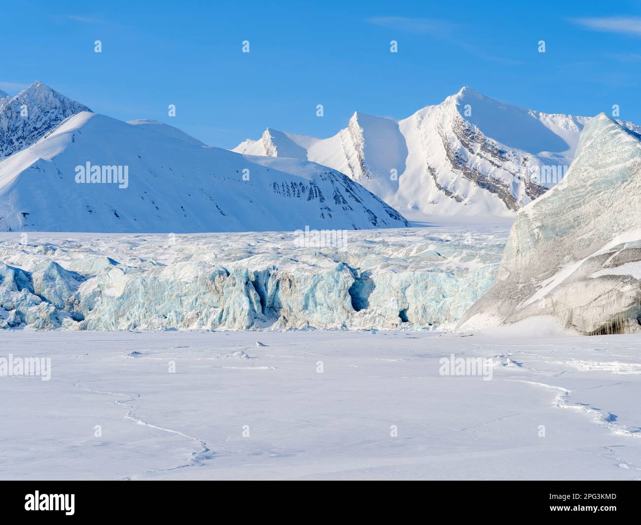 Glacier front of  Fridtjovbreen and the frozen fjord Van Mijenfjorden.  Landscape in Van Mijenfjorden National Park, (former Nordenskioeld NP), Island Stock Photo