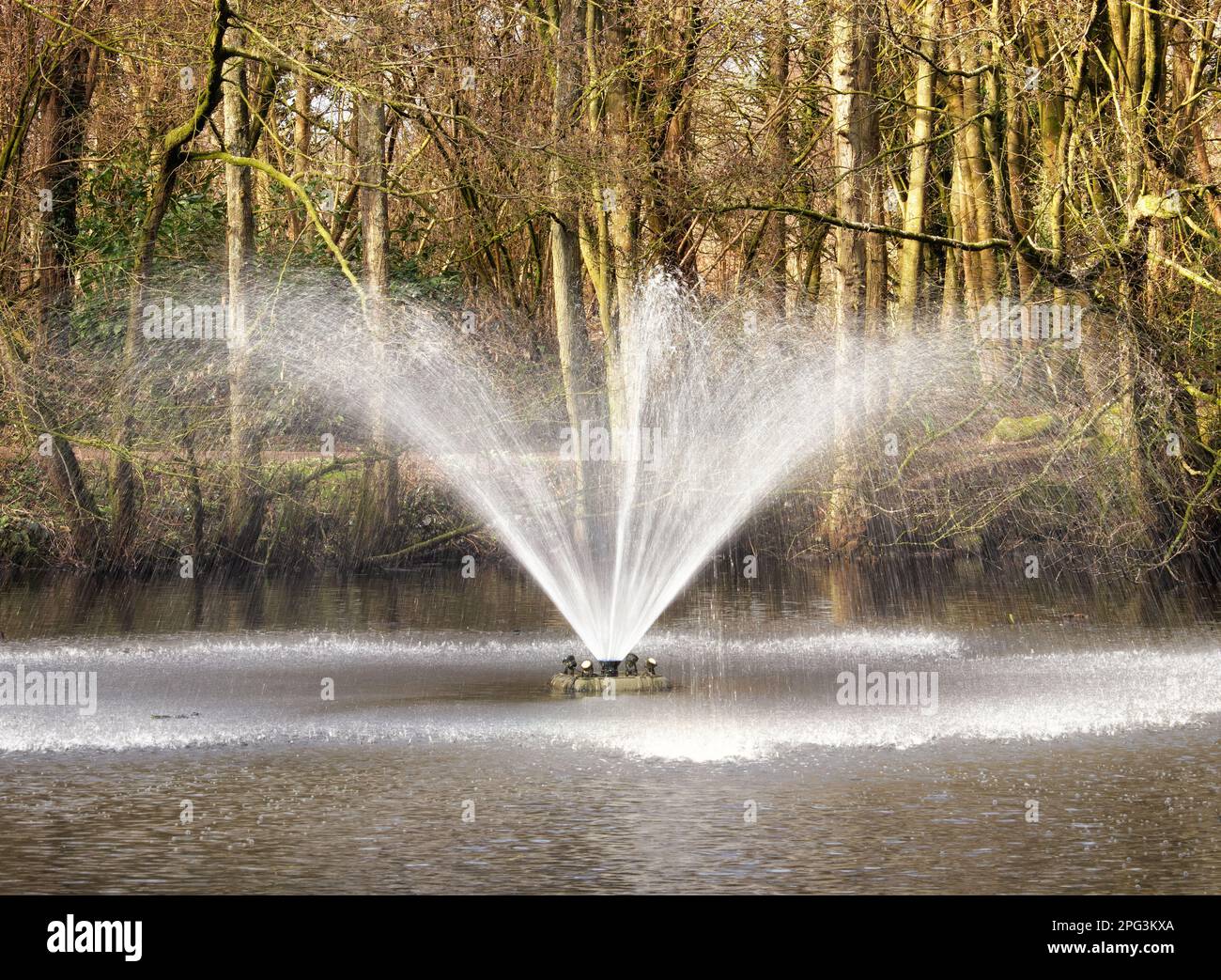 A spraying water feature on a park lake, Photographed at Lytham Hall, Lancashire Stock Photo