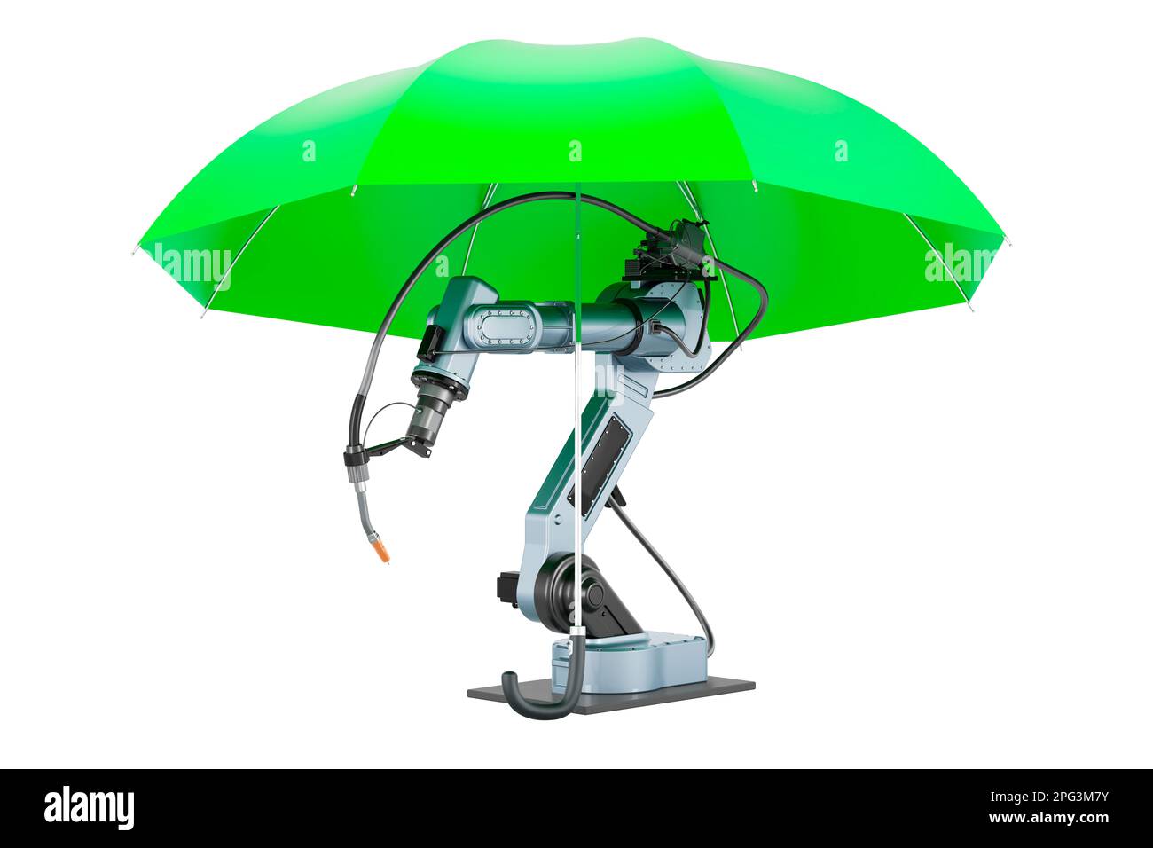 Umbrella Ribit Robot welding under umbrella. 3D rendering isolated on white background ...