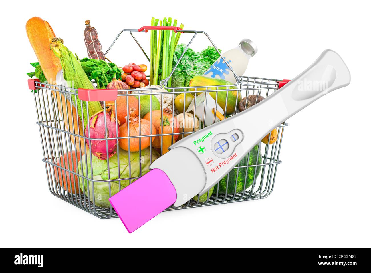 Nutrition during pregnancy. Pregnancy test positive with shopping basket full of products