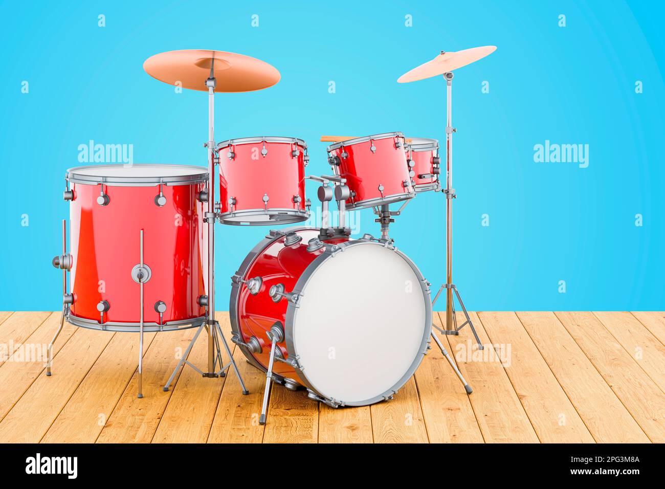 Drum kit on the wooden table, 3D rendering Stock Photo