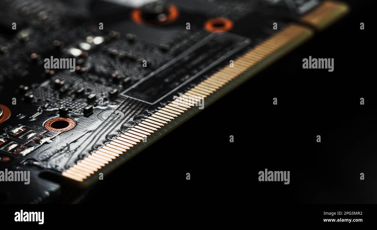PCI Express GPU connection pins, close-up photo with selective focus Stock Photo