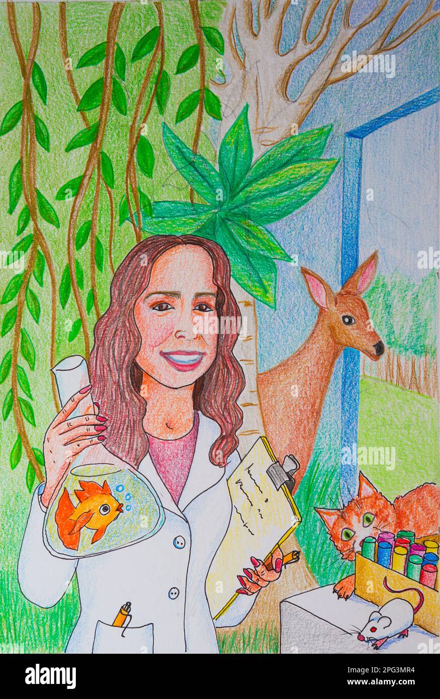 Biologist with animals and plants. Illustration. Stock Photo