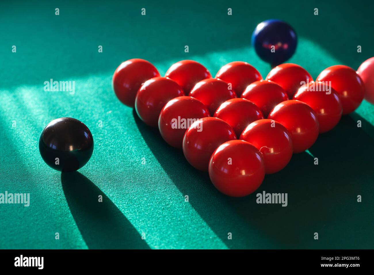 Snooker balls are on a pool table, close up photo with selective soft focus Stock Photo
