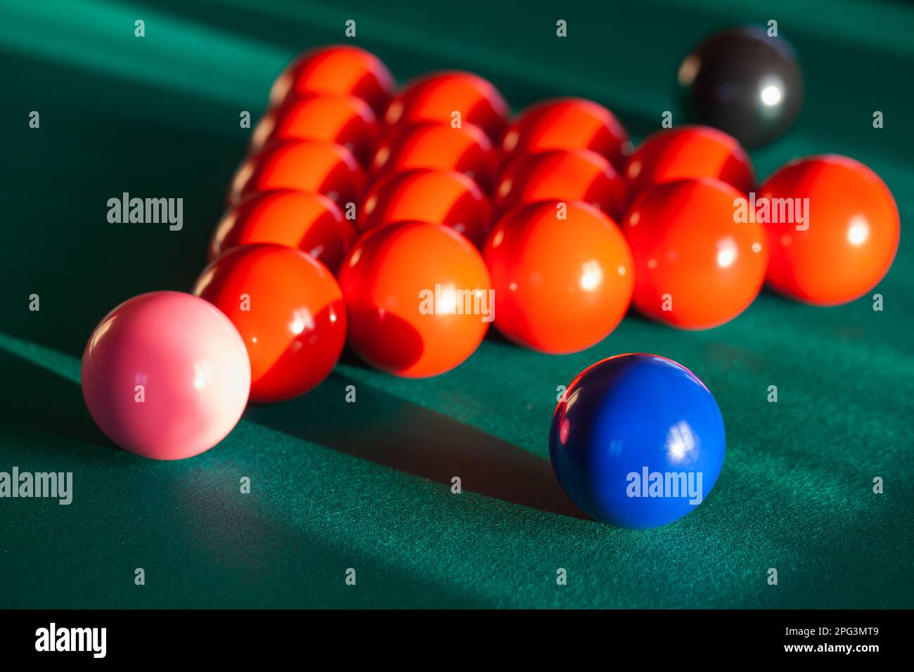 Colorful Snooker balls are on a pool table, close up photo with selective soft focus Stock Photo